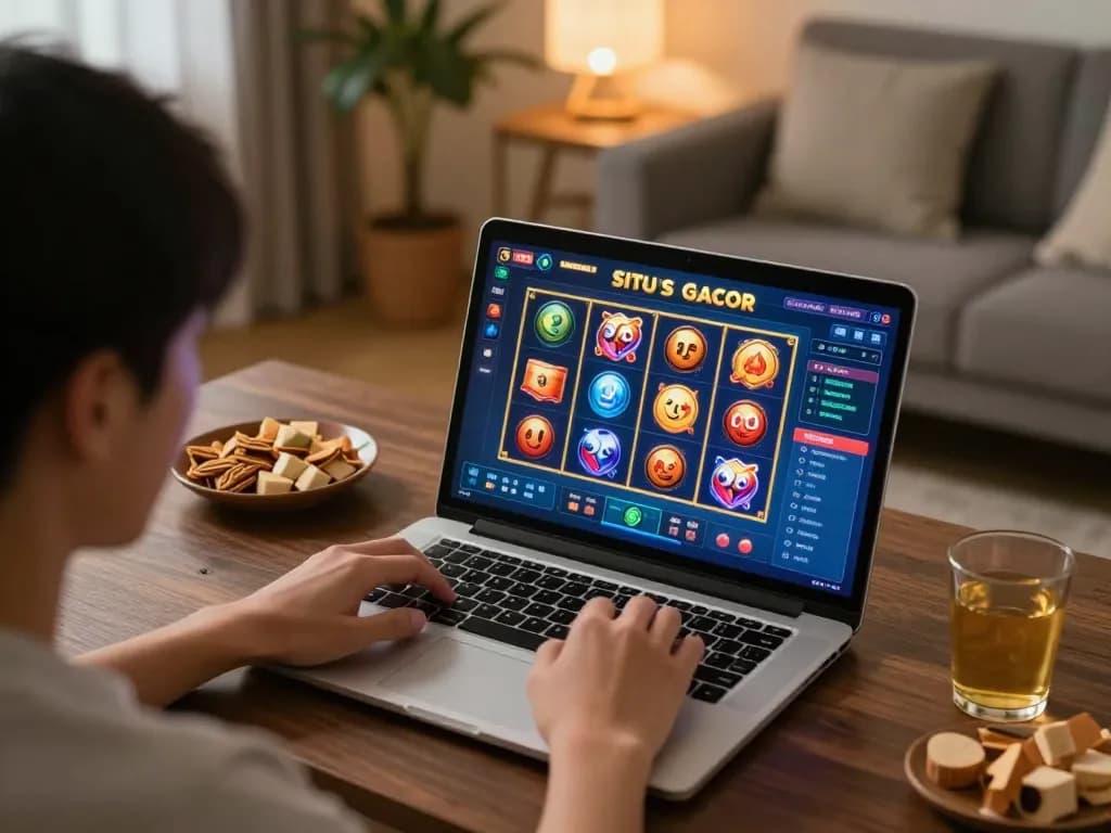 Engaging player strategizing on situs slot gacor, illuminated by warm home lighting.