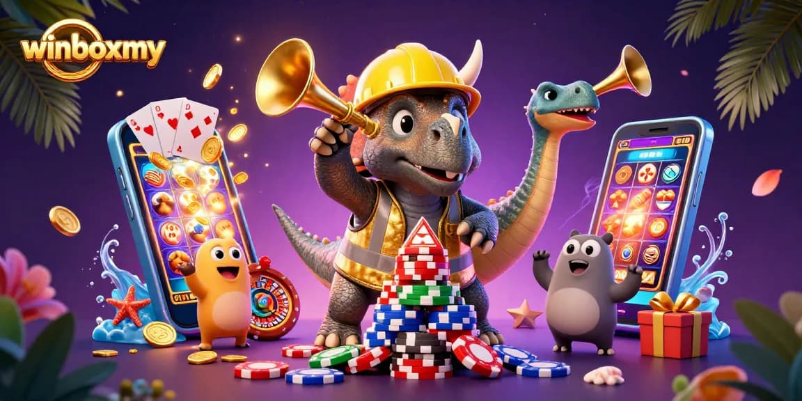 WinboxMY showcases an energetic casino scene with playful dinosaurs, celebrating wins and vibrant gaming activities.