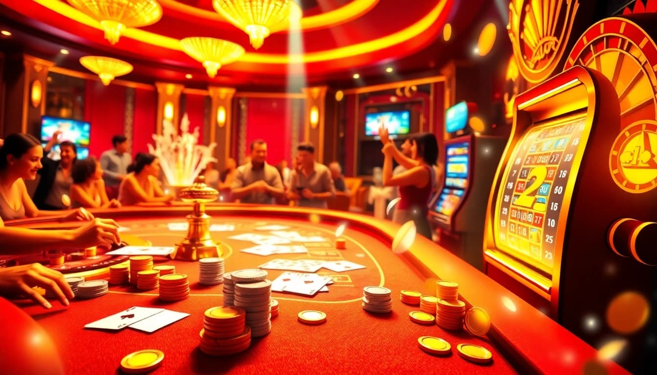 Exciting gambling scene showcasing MM88.COM with roulette, cards, and winning players.