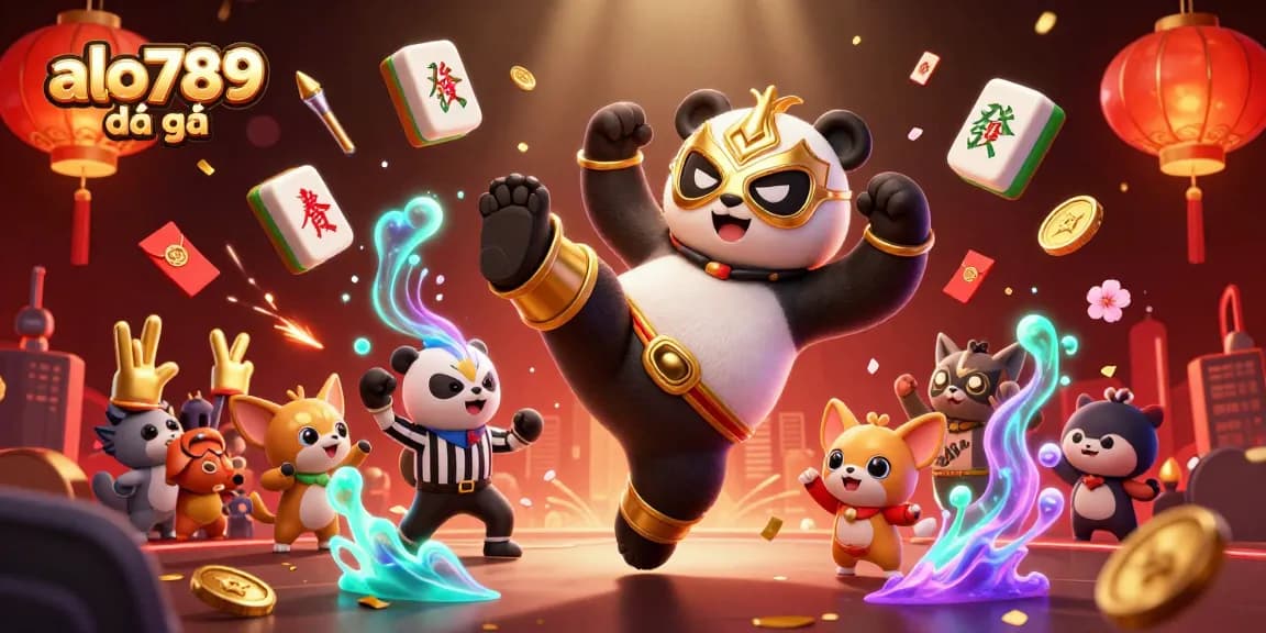 Experience thrilling action with ALO789 đá gà featuring a panda wrestler and crowd excitement.