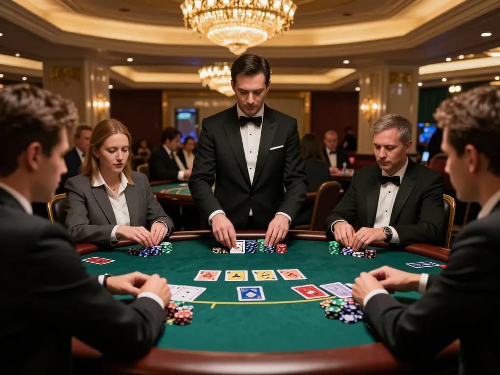 Experience strategic gameplay at 77WIN with players engaged in a blackjack game in a luxurious casino.