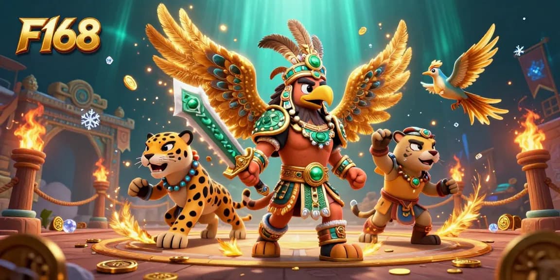 Engage with F168's thrilling gambling experience amidst a vibrant casino atmosphere with warrior imagery.
