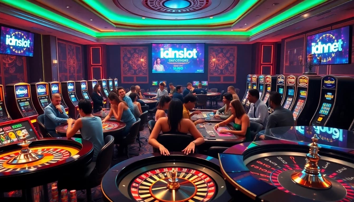 Playing various games at idnslot online casino, featuring vibrant tables and animated players.