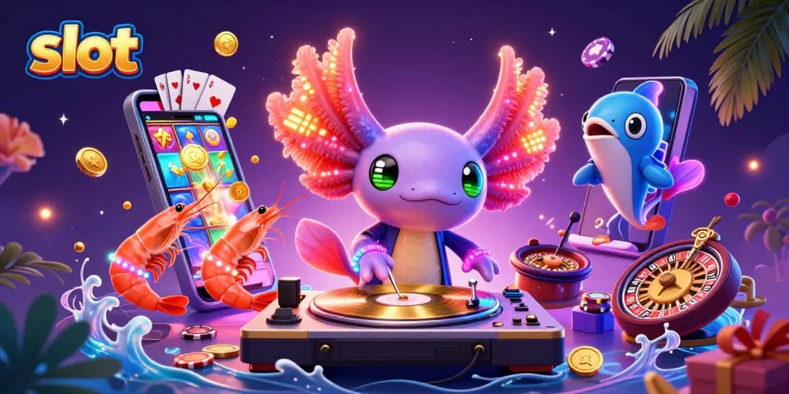 Slot gacor menampilkan DJ axolotl neon dan permainan slot menarik untuk meraih jackpot.