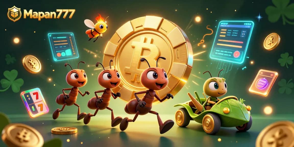 Mapan777 captures a dynamic scene with ants carrying a giant poker chip amidst vibrant casino elements.