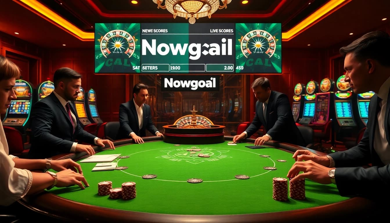 Experience thrilling gameplay at Nowgoal with poker chips and a live score scoreboard in a luxurious casino atmosphere.