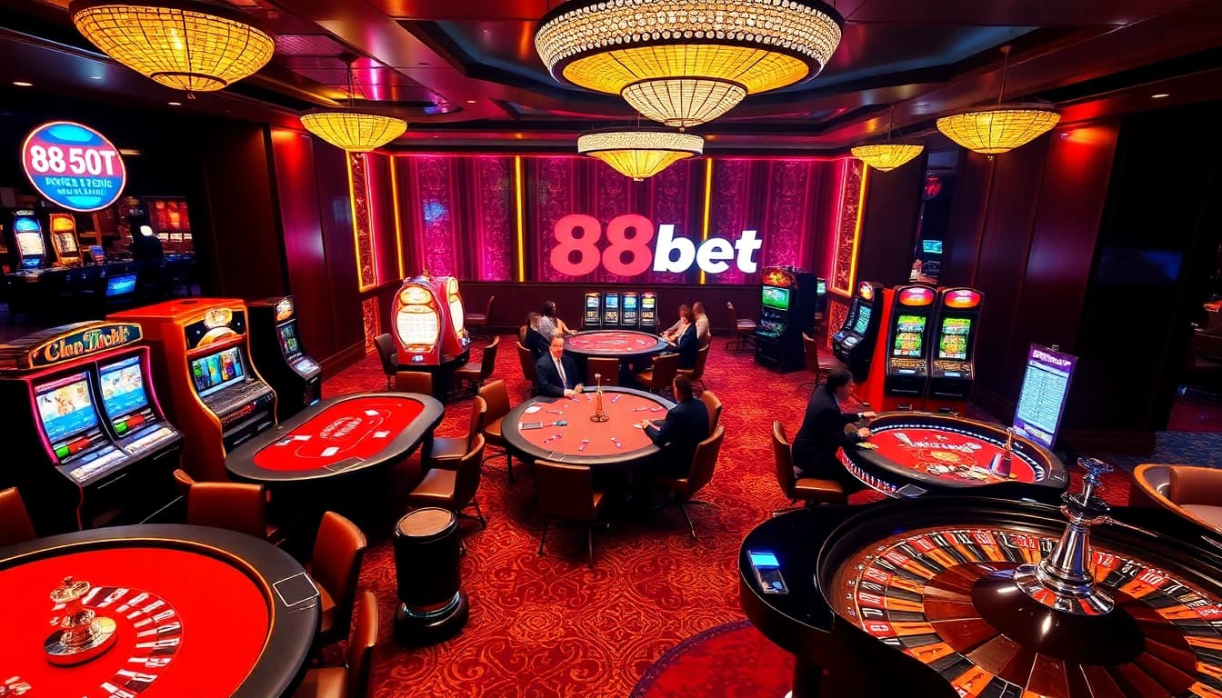 Experience excitement at 88bet casino with players engaged at vibrant gaming tables.
