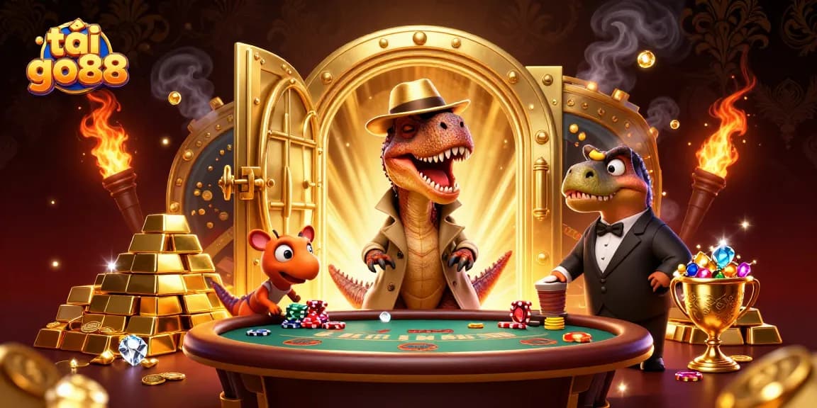 Engage with tải go88 through an exciting 3D scene of a velociraptor card counter at a casino table.