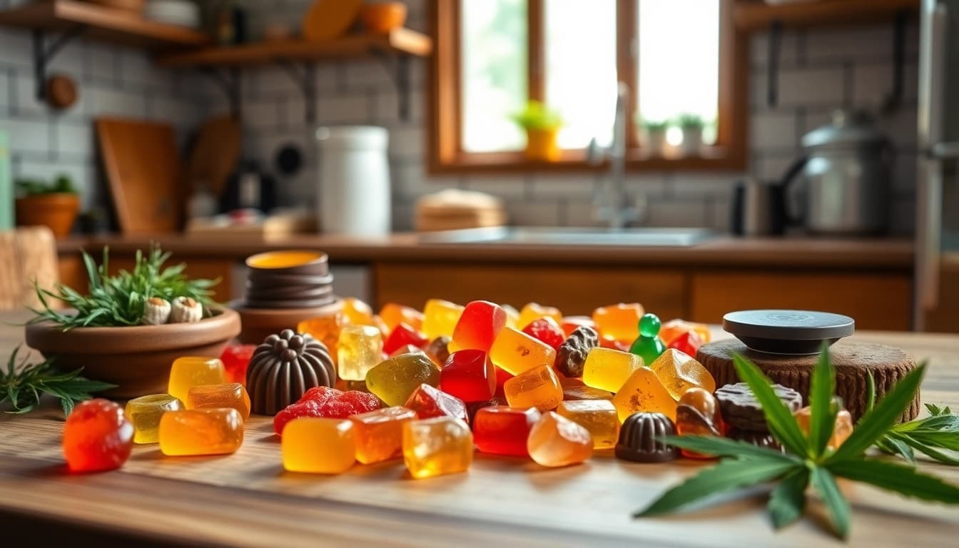Stylish arrangement of CBD & THC edibles showcasing colorful gummies and chocolates.