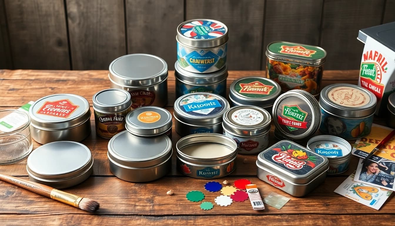 Custom tins showcasing vibrant designs on a rustic table, reflecting innovative packaging solutions.