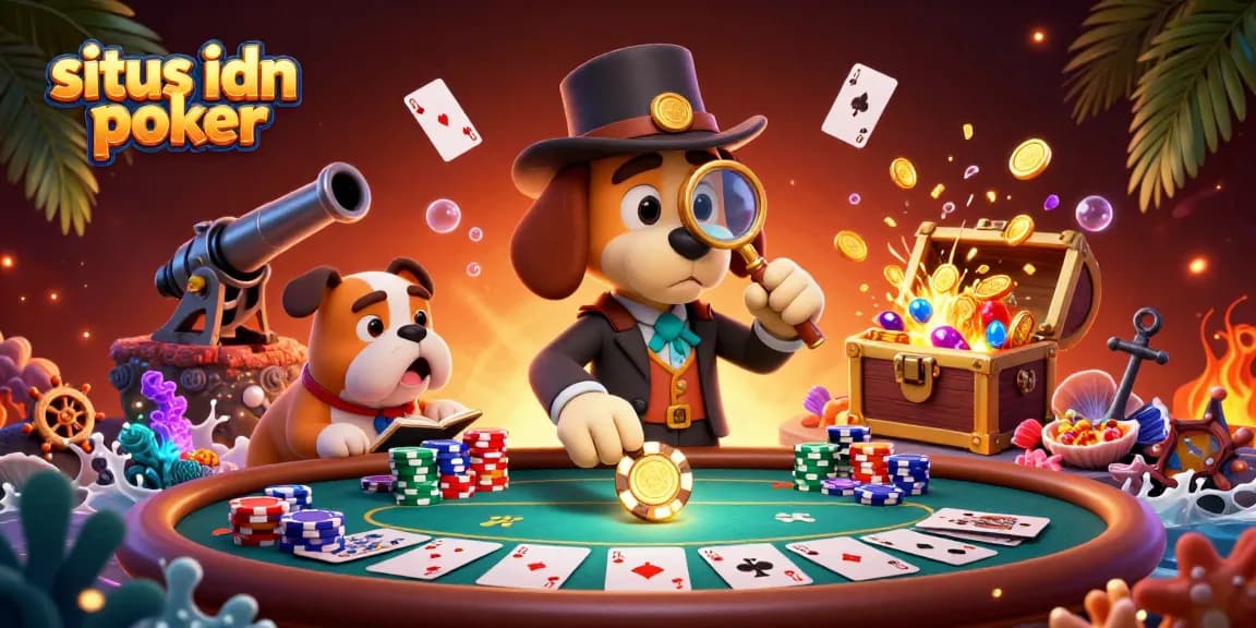 Engage with situs idn poker through a dynamic 3D illustration depicting a detective uncovering poker treasures.