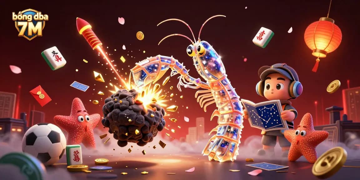 bóng đá 7M showcases a dynamic scene with a galactic samurai and starfish surrounded by sports betting elements and vibrant decorations.
