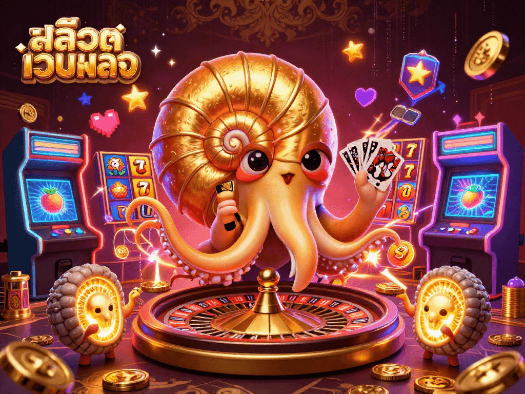 Spin the reels with สล็อตเว็บตรง as a giant nautilus reveals glowing cards in a vibrant casino scene.