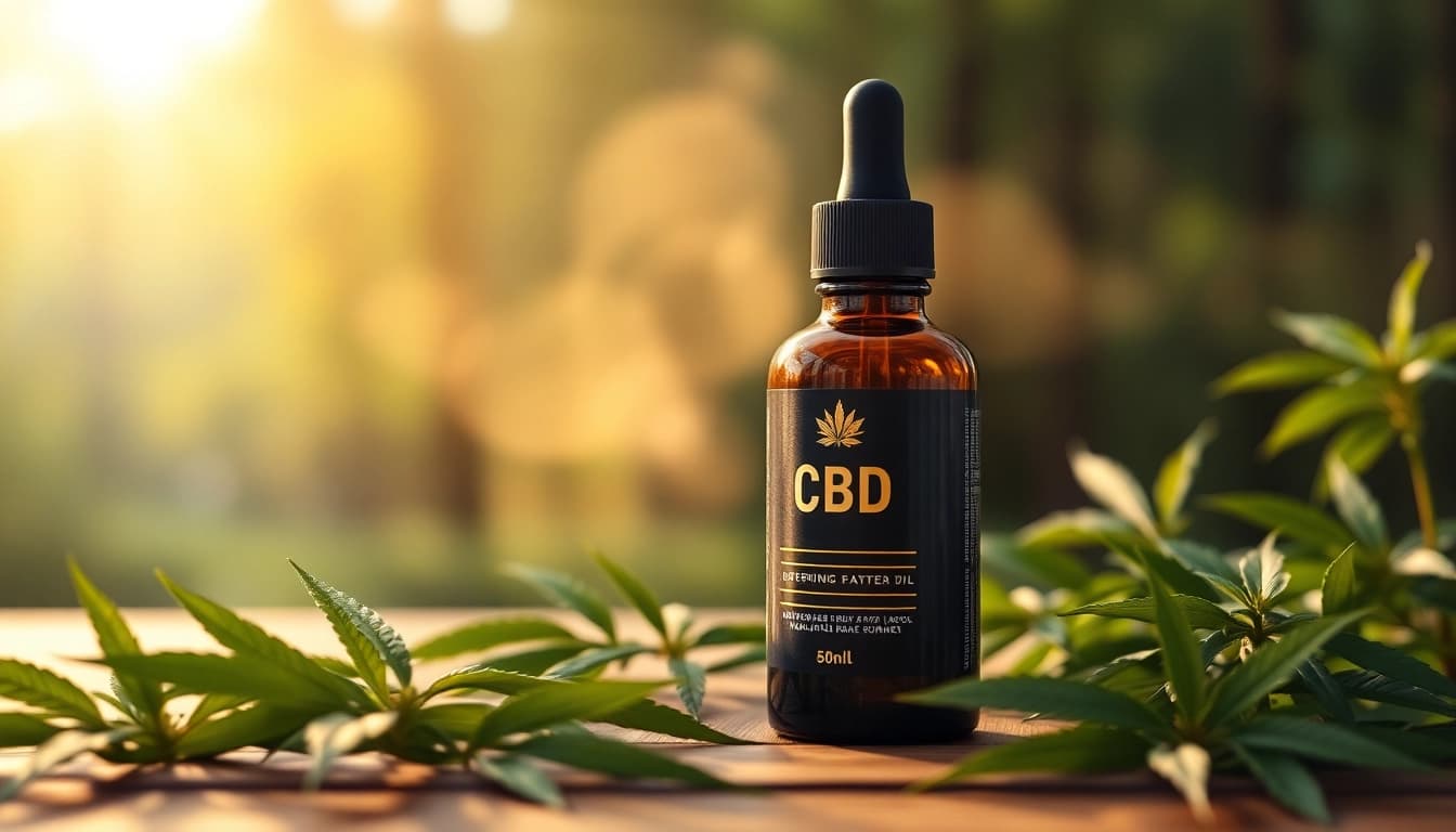 Showcasing CBD Oil in a designer glass bottle surrounded by fresh hemp leaves on a wooden table.