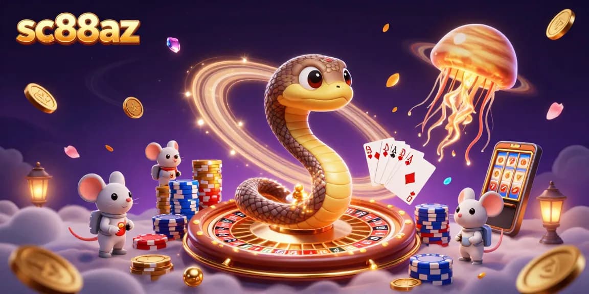 Engaging 3D scene of sc88az featuring a cosmic casino atmosphere with vibrant characters and dynamic gambling elements.