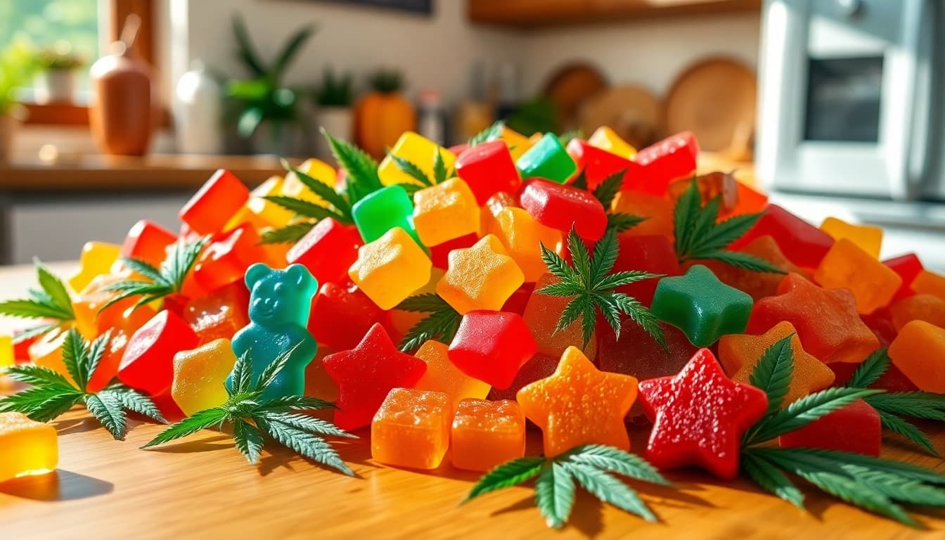 Colorful Weed Gummies displayed in a cozy kitchen, illustrating variety and freshness.