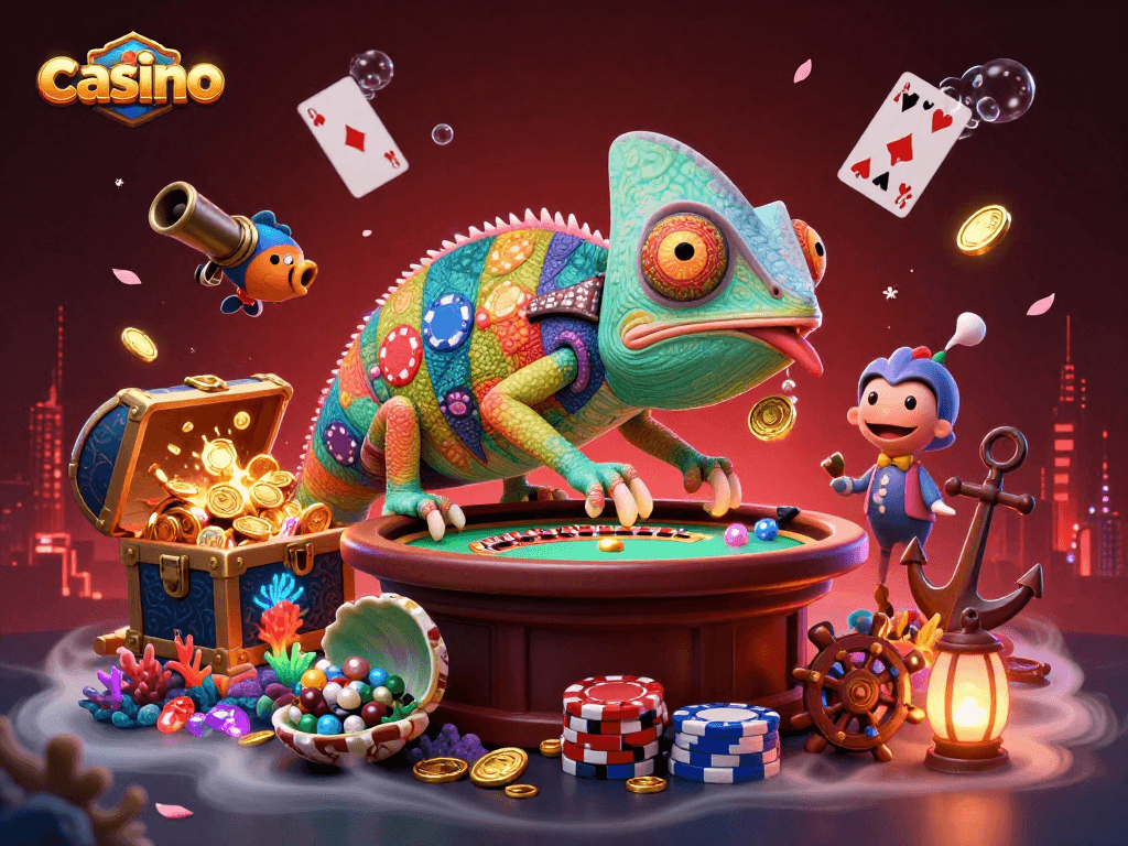 Engaging casino illustration featuring a chameleon owner, vibrant elements, and golden coins.