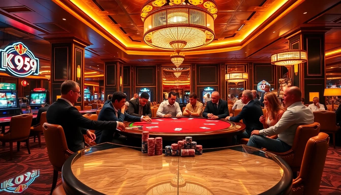 Experience the thrill of the k9k9 casino with an exciting poker scene featuring players and vibrant chips.