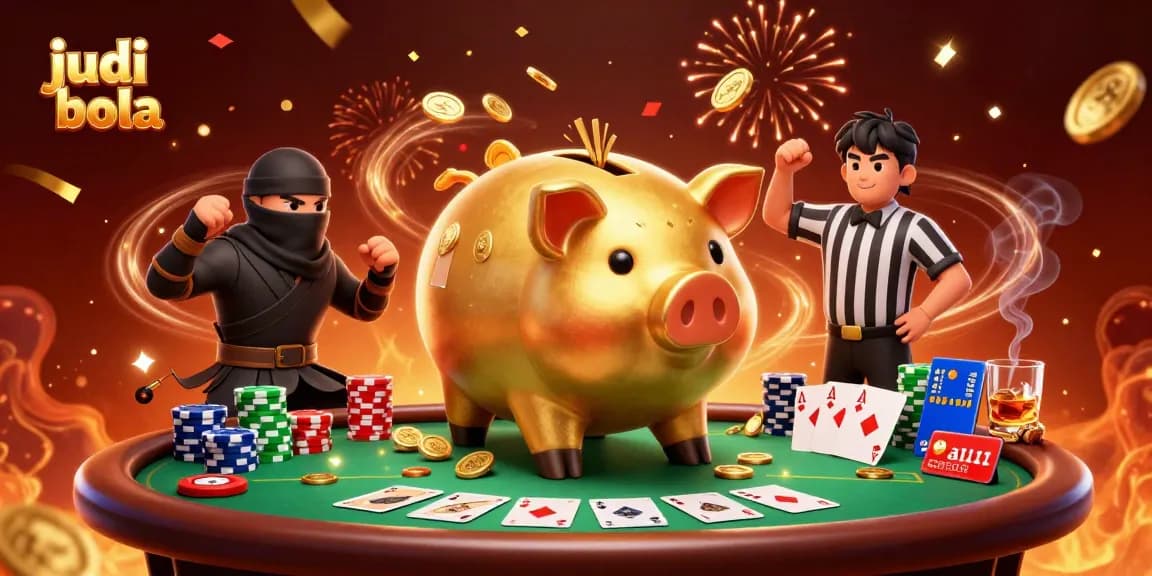 Engage in judi bola excitement with a golden piggy bank sumo wrestler in this vibrant 3D scene.