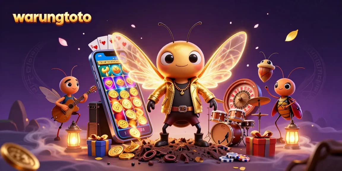 Engage in thrilling gameplay at warungtoto with vibrant casino elements flying around a rock star scene.