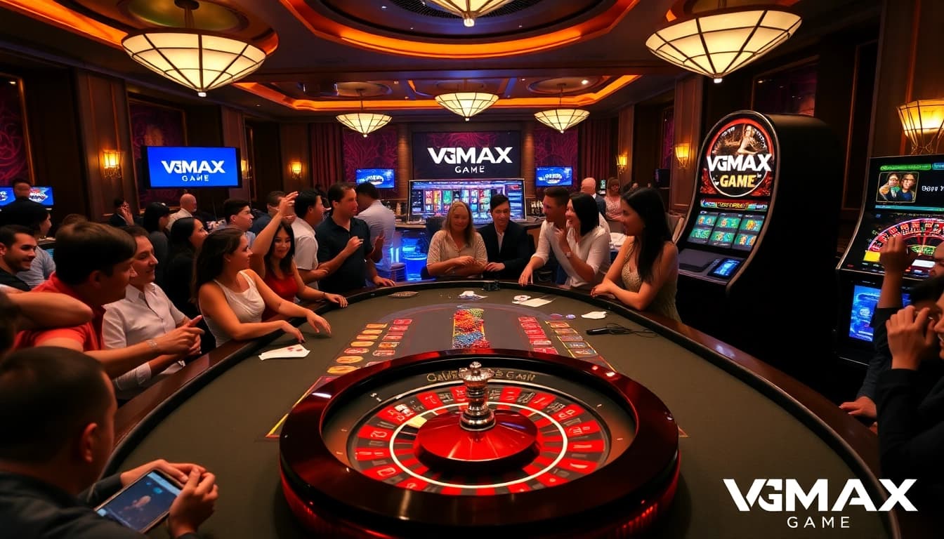 Players enjoying a luxury casino experience at VMAX Game with poker chips and cards.