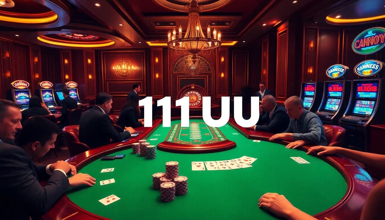Players at a lavish casino table experiencing thrilling poker action with the 11UU brand.