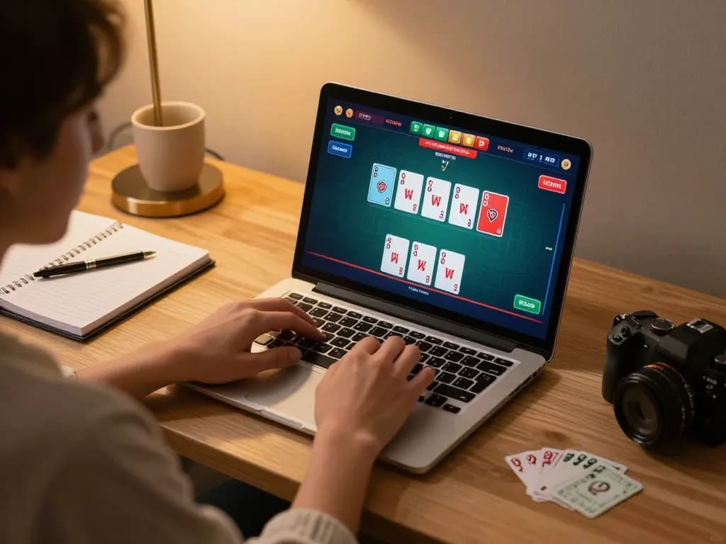 Engaged player at laptop on bj886 platform navigating a poker game with strategic notes.
