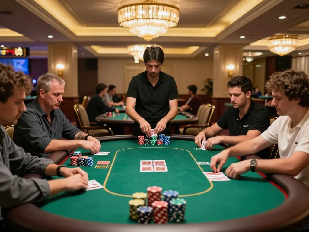 Engaged players at a competitive poker table with 28bet chips in a luxurious casino setting.