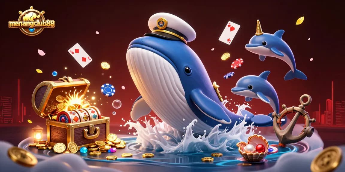 Experience thrilling gaming with menangclub88 featuring a 3D whale, narwhal, and dolphins amidst coins and casino elements.