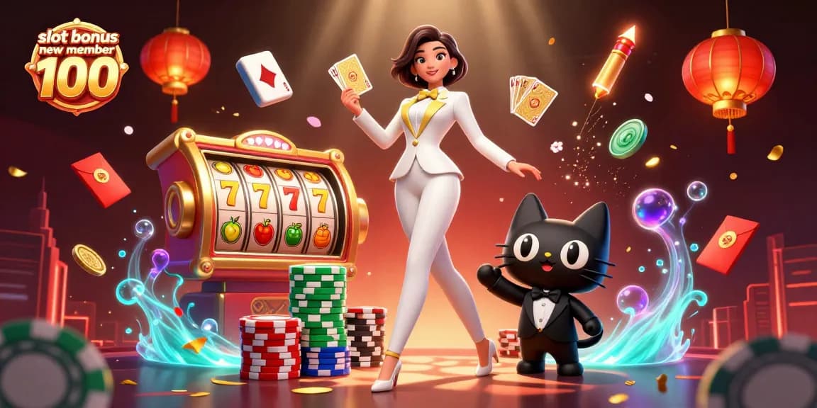 Engage with slot bonus new member 100 through an exciting casino scene featuring glamorous characters and vibrant game elements.