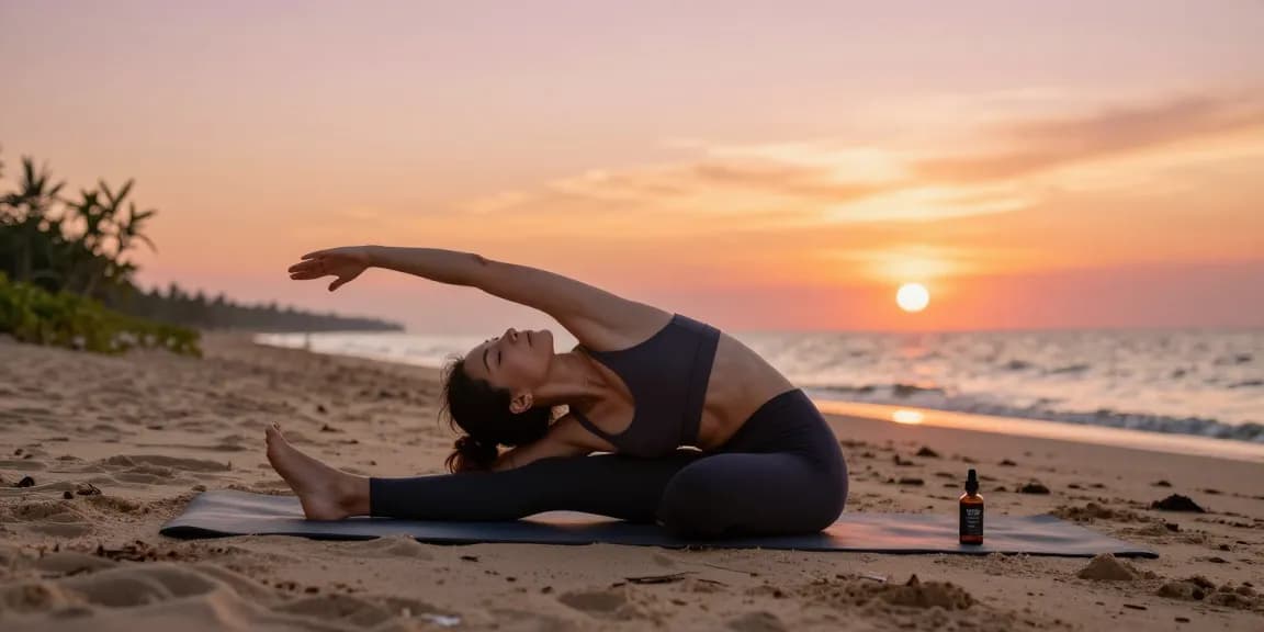 Buy CBD oil for wellness with natural hemp extract during sunset yoga on the beach.