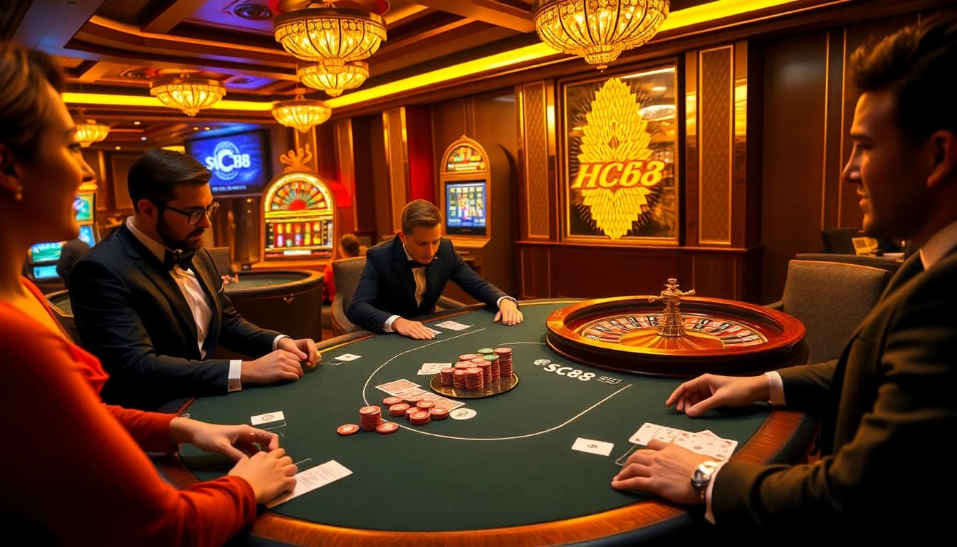 Experience thrilling casino gaming with SC88-themed poker chips and warm lighting ambiance.