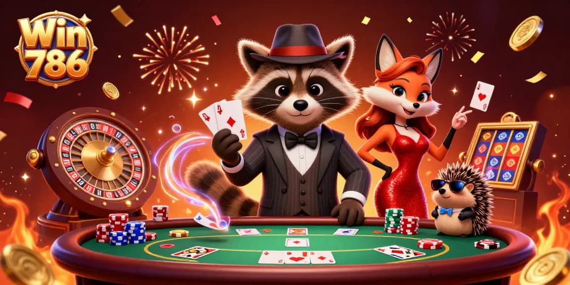 Win 786 brings excitement to the casino with dynamic characters and vibrant game elements in this stunning illustration.