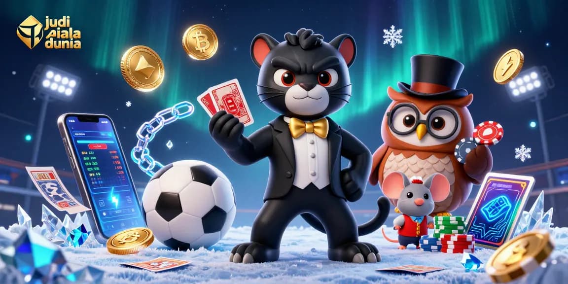 Engage in judi piala dunia with stylish panther dealer surrounded by vibrant sports betting elements and crypto currency.