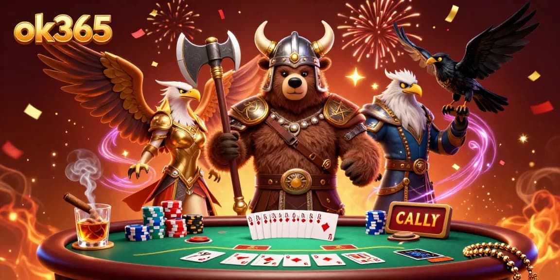 Experience the thrilling world of ok365 with a vibrant casino scene, showcasing dynamic characters and poker action.