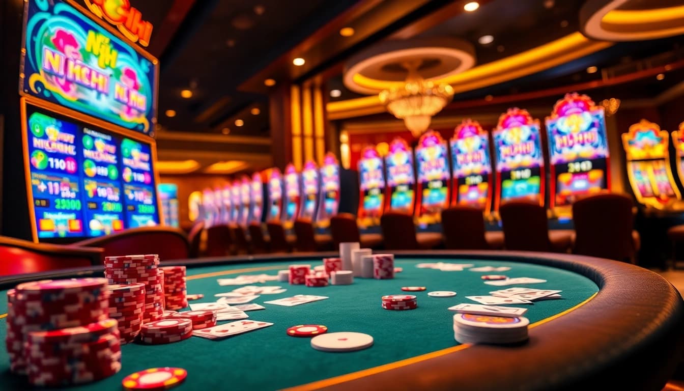 Experience the excitement of Nổ Hũ with vibrant slot machines and thrilling poker games in a luxurious casino setting.