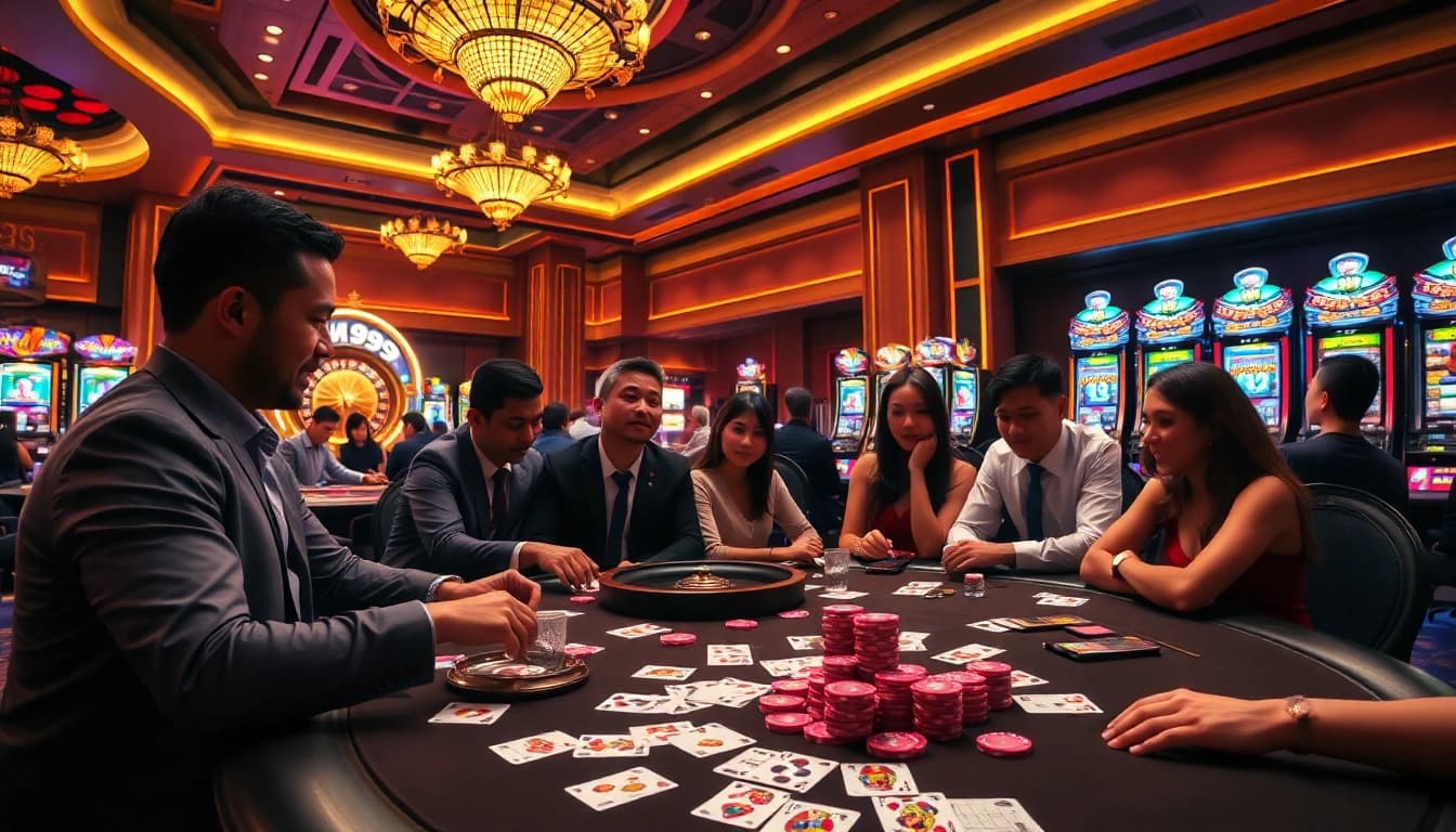 VUA99 players celebrating a win at a luxurious online casino table with vibrant poker chips.