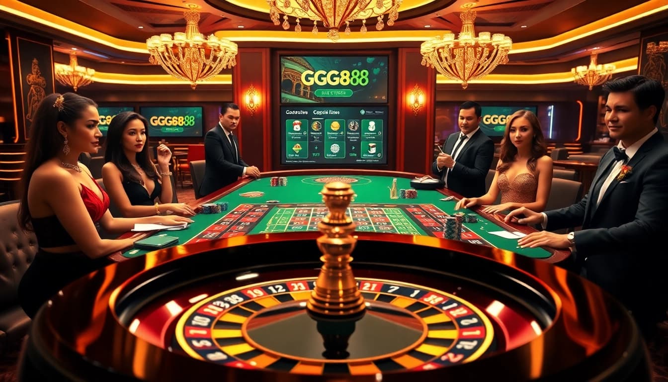 Experience the thrill at GG88's roulette table with glamorous players and vibrant casino ambiance.