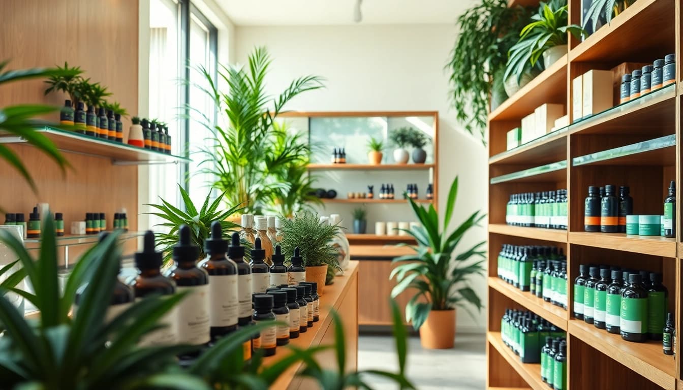 Showcase of CBD Tbilisi products in a modern, inviting shop environment.