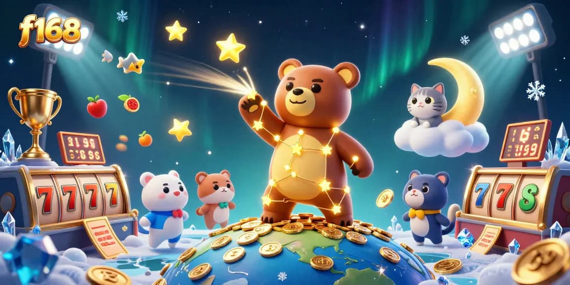 Join the fun with f168 as a golden constellation bear scoops coins amidst lively casino excitement.