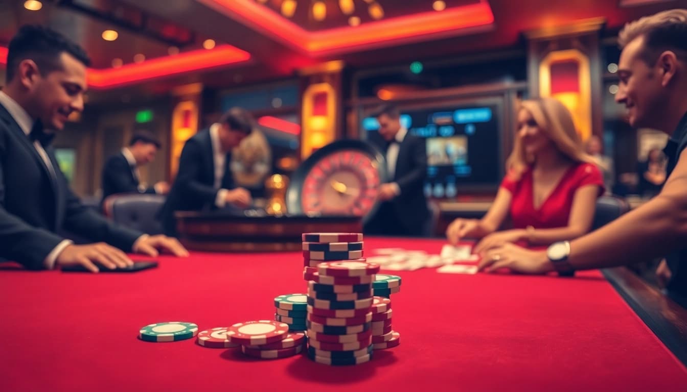 Thabet casino excitement with professional poker and colorful chips at a high-stakes table.
