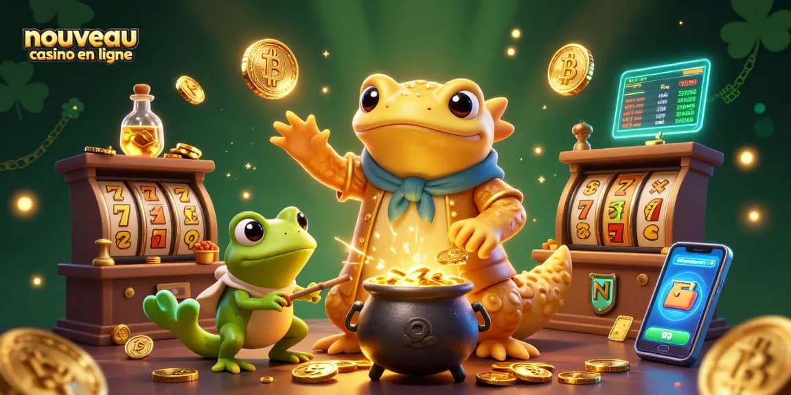 Visuel captivant d'un nouveau casino en ligne avec un alchimiste et des pièces d'or, révélant des fonctionnalités de jeu.