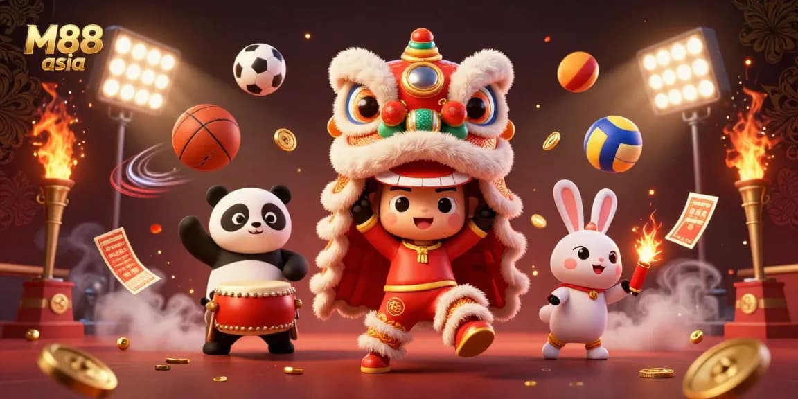 Experience thrilling gameplay at M88 asia with vibrant 3D illustrations of festive characters in action.