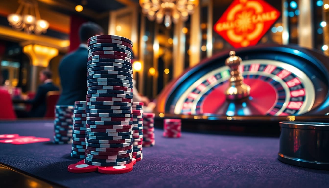 Experience the excitement of 6RWIN at a luxurious poker table with vibrant chips and a roulette wheel.
