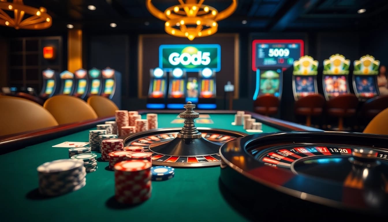 Experience the excitement of God55 with vibrant casino visuals featuring poker chips and a roulette wheel.