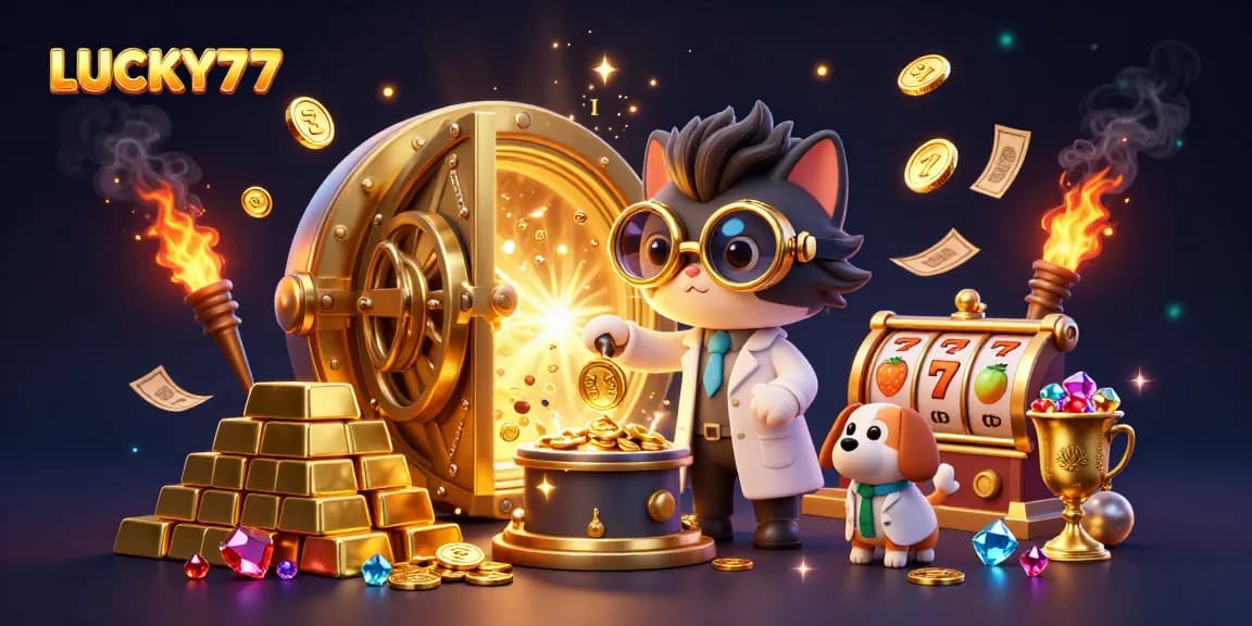 Experience the excitement of LUCKY77 in this vibrant 3D casino scene filled with treasures and fun elements.