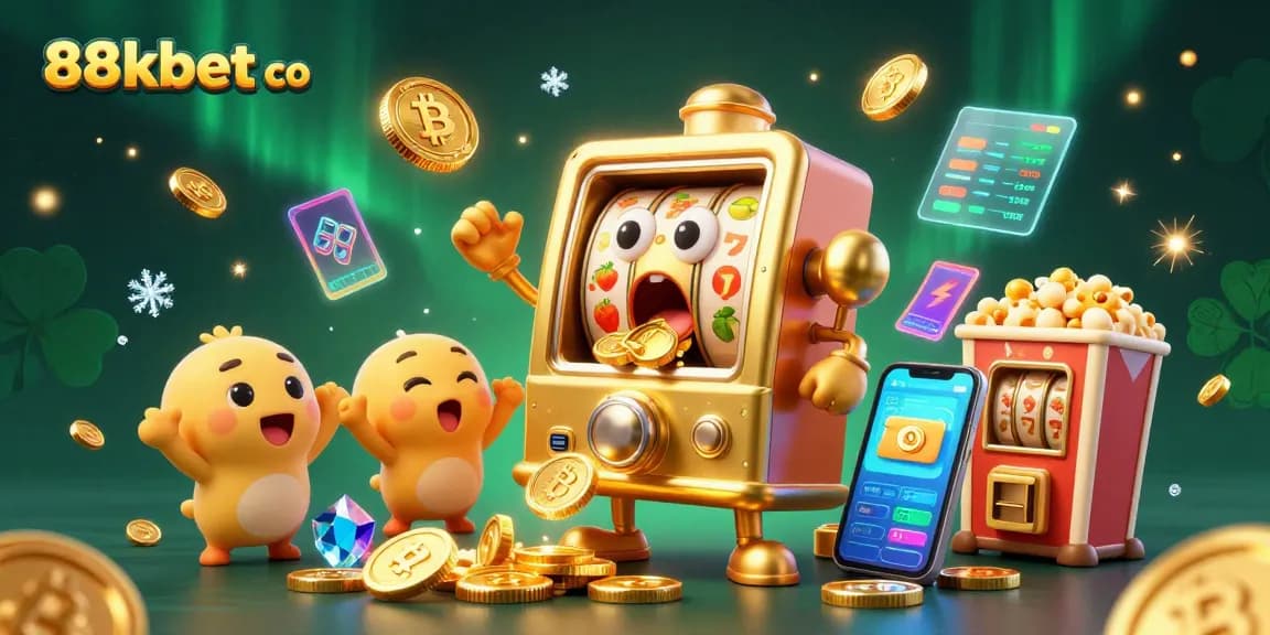 Cheerful slot machine hitting jackpots and celebrating crypto wins at 88kbet co casino.