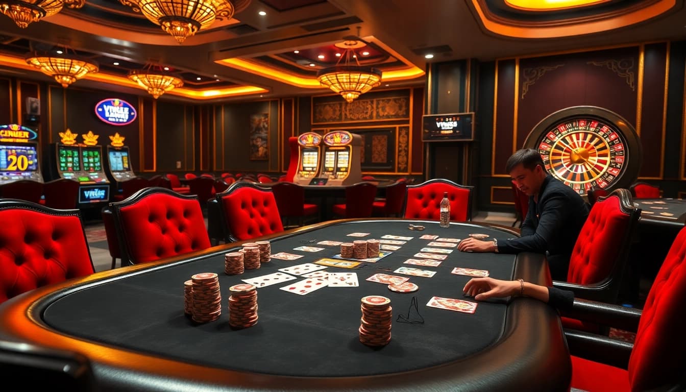 Experience the excitement of vin88.you at a luxurious casino poker table with vibrant colors.