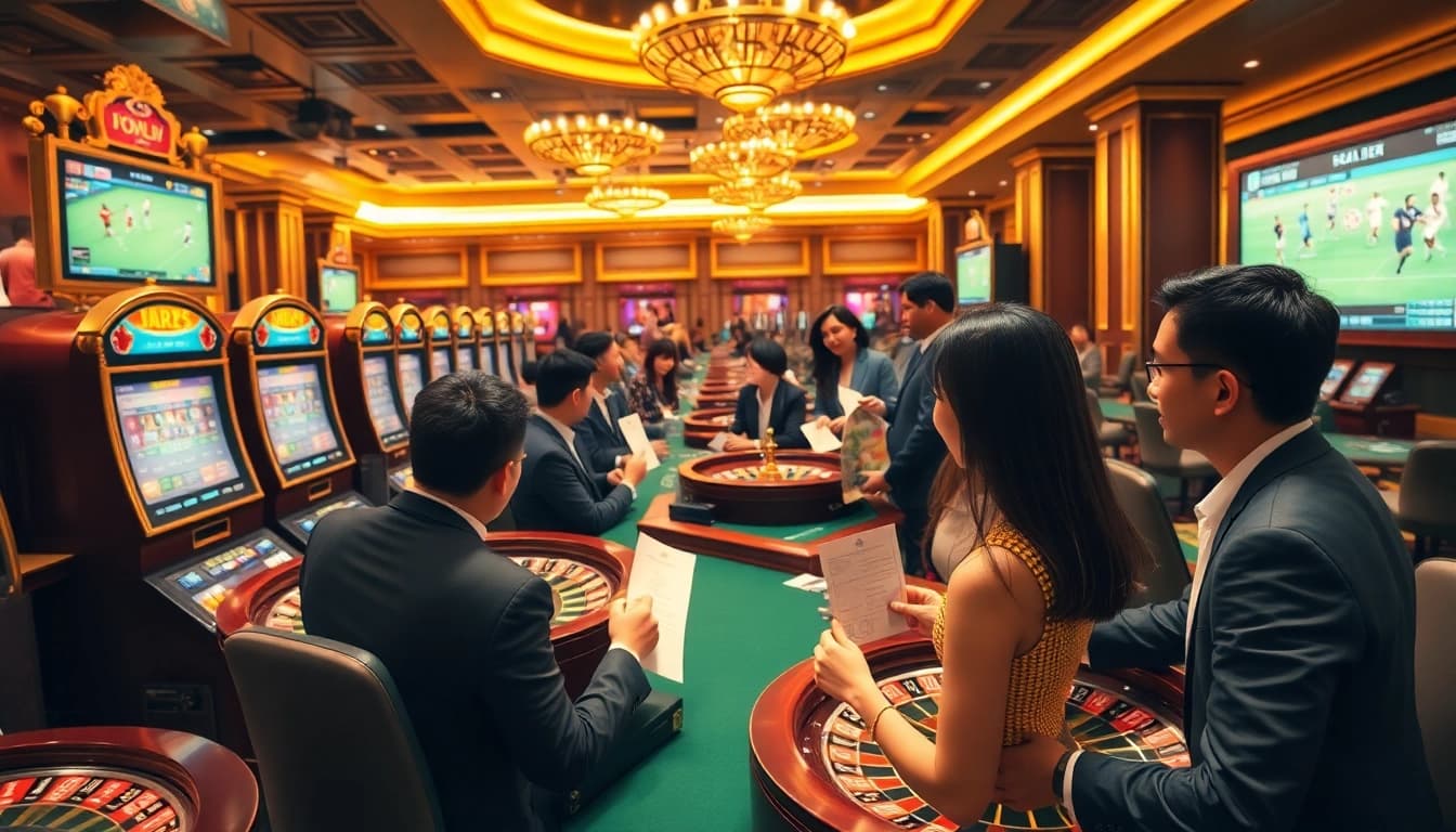 Engaging scene of gamblers placing bets on football matches while using แทงบอล strategies in an upscale casino setting.