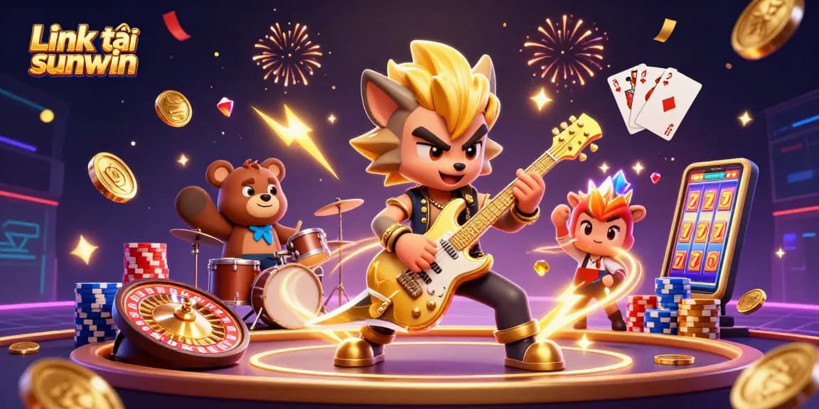 Engage with the action of Link tải sunwin through vibrant casino-themed illustration packed with dynamic characters.